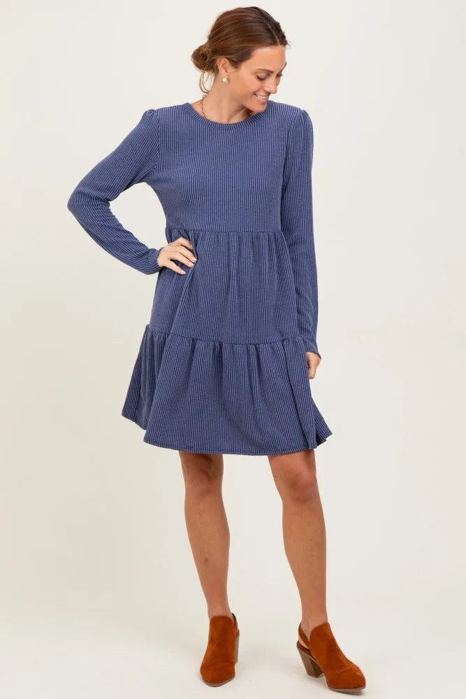 Navy Textured Rib Tiered Long Sleeve Dress sold by Pinkblush product image thumbnail 2