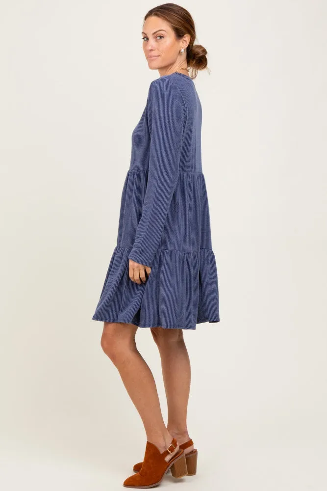 Navy Textured Rib Tiered Long Sleeve Dress sold by Pinkblush product image thumbnail 3