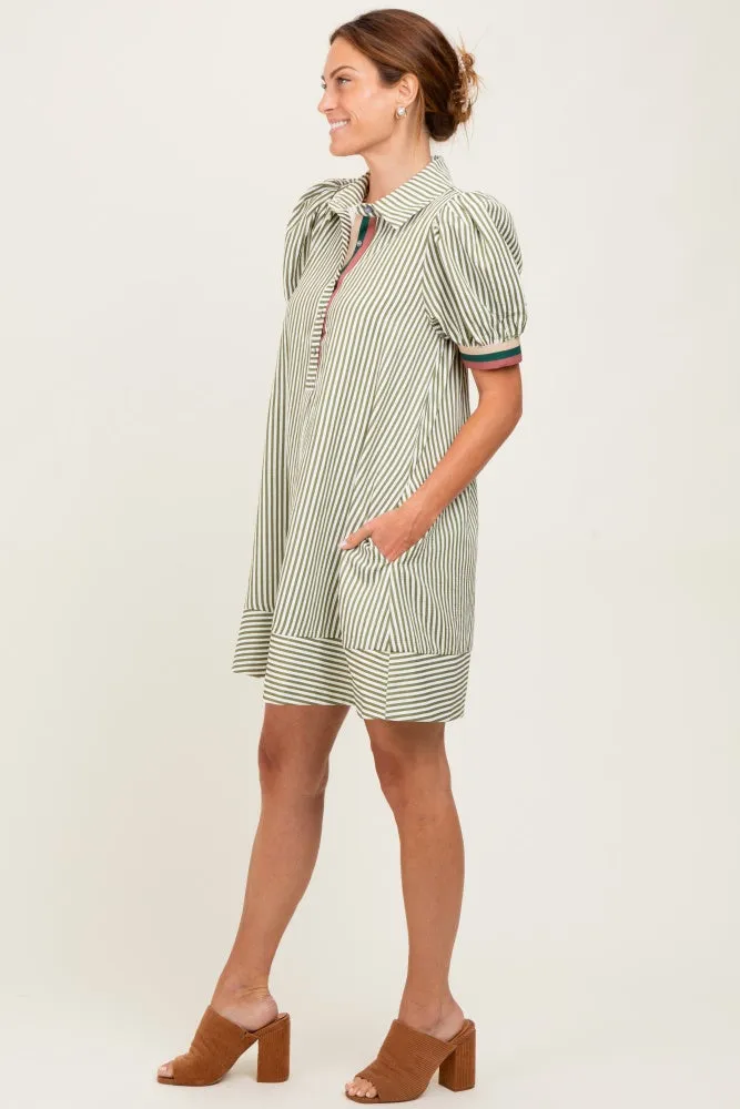 Light Olive Striped Puff Sleeve Mini Shirt Dress sold by Pinkblush product image thumbnail 3