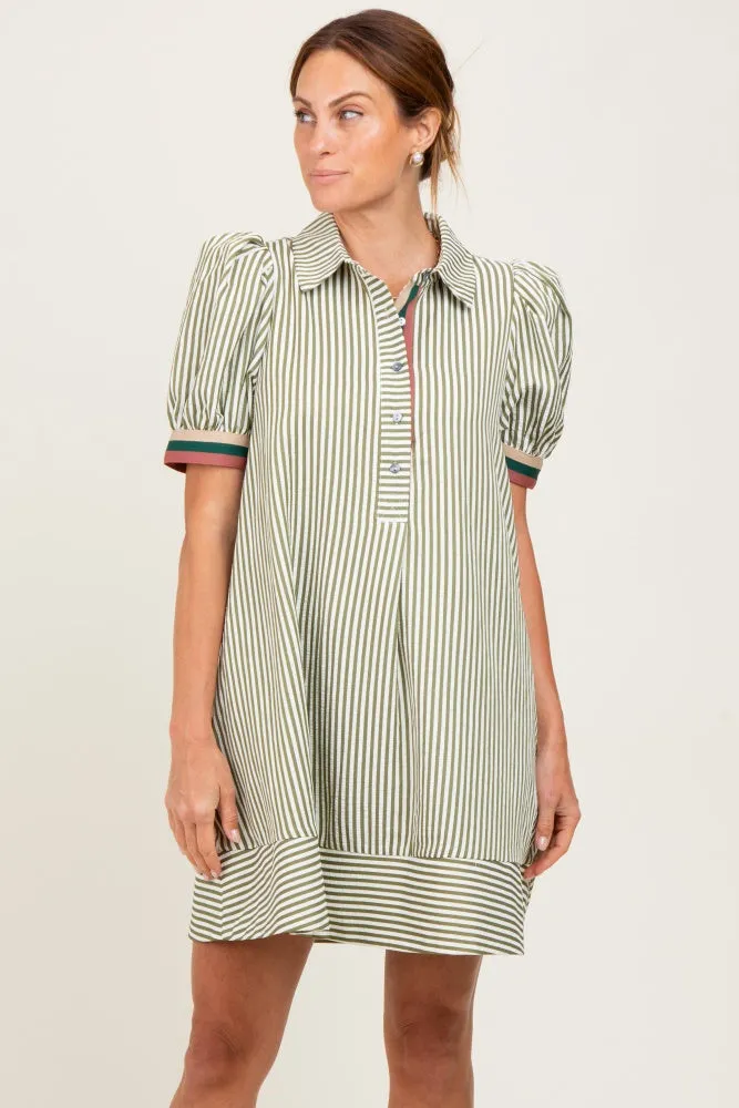Light Olive Striped Puff Sleeve Mini Shirt Dress sold by Pinkblush