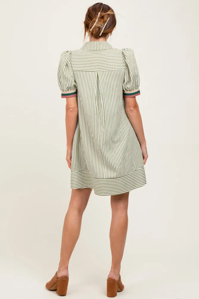Light Olive Striped Puff Sleeve Mini Shirt Dress sold by Pinkblush product image thumbnail 4