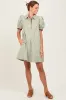Light Olive Striped Puff Sleeve Mini Shirt Dress sold by Pinkblush