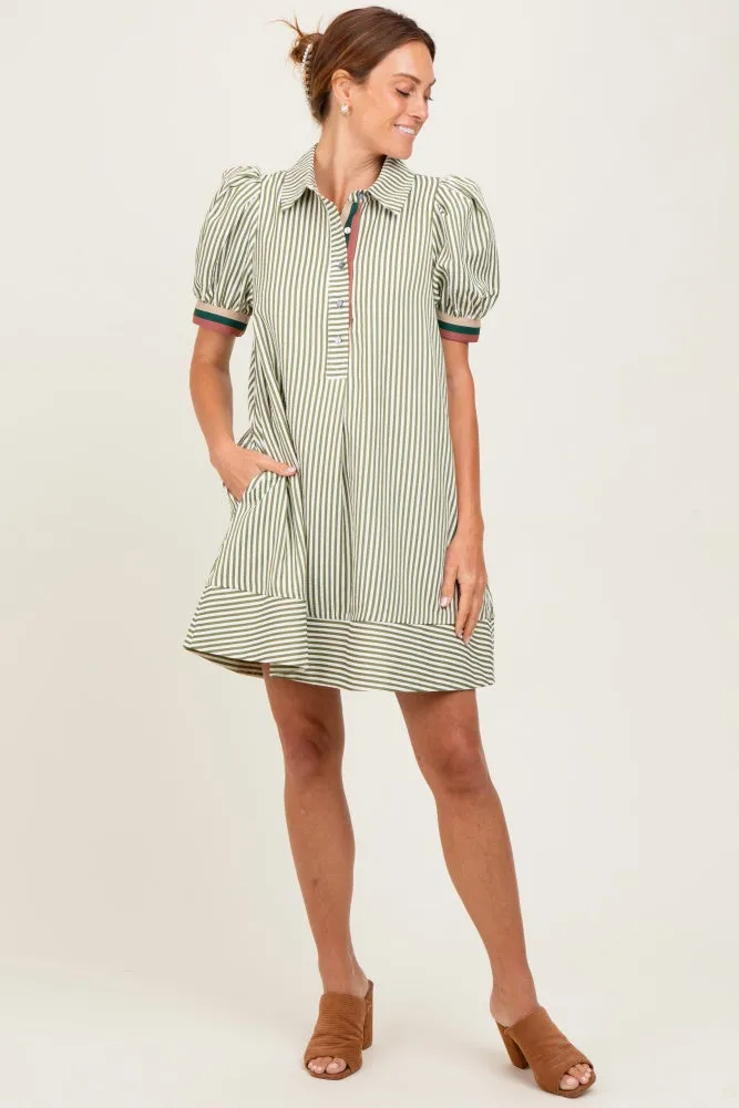 Light Olive Striped Puff Sleeve Mini Shirt Dress sold by Pinkblush product image thumbnail 2