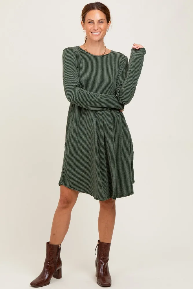 Olive Textured Rib Long Sleeve Dress sold by Pinkblush