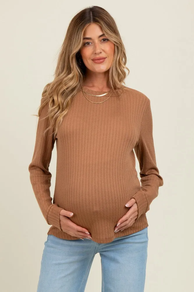 Camel Pointelle Knit Maternity Long Sleeve Top sold by Pinkblush