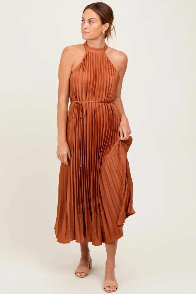 Mocha Pleated Halter Dress sold by Pinkblush