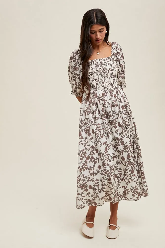 Brown Floral Smocked Puff Sleeve Midi Dress sold by Pinkblush