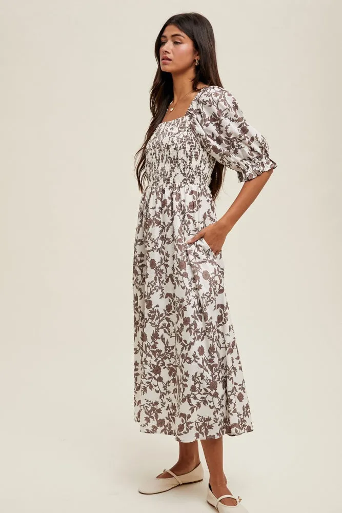 Brown Floral Smocked Puff Sleeve Midi Dress sold by Pinkblush product image thumbnail 2
