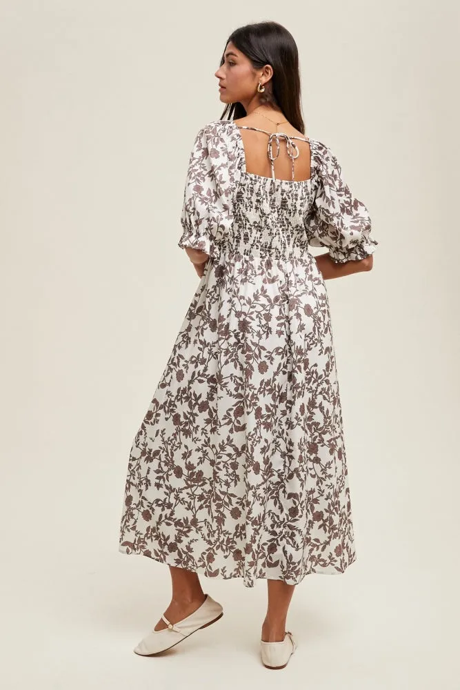 Brown Floral Smocked Puff Sleeve Midi Dress sold by Pinkblush product image thumbnail 3