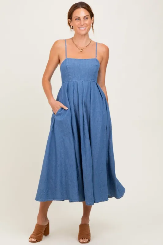 Denim Open Tied Back A-Line Midi Dress sold by Pinkblush