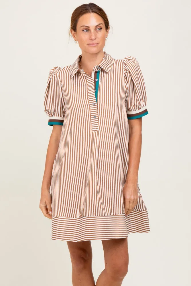 Camel Striped Puff Sleeve Mini Shirt Dress sold by Pinkblush