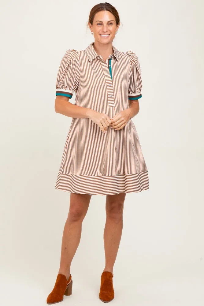 Camel Striped Puff Sleeve Mini Shirt Dress sold by Pinkblush product image thumbnail 2
