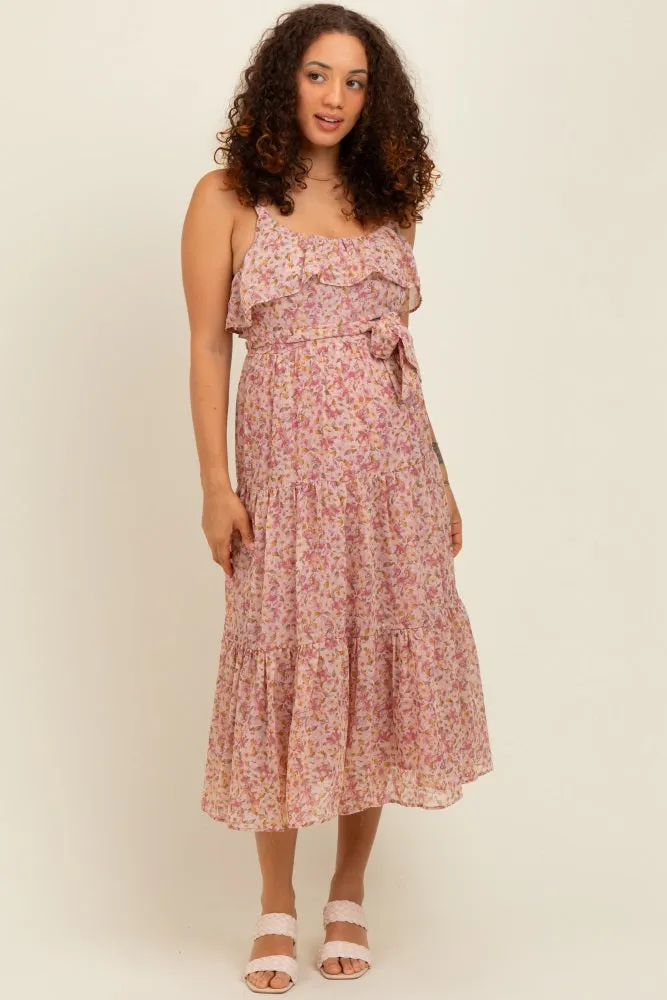 Pink Floral Ruffle Smocked Back Tiered Maternity Midi Dress sold by Pinkblush