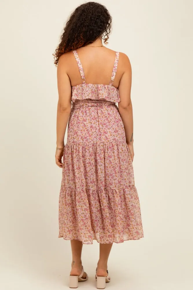 Pink Floral Ruffle Smocked Back Tiered Maternity Midi Dress sold by Pinkblush product image thumbnail 2