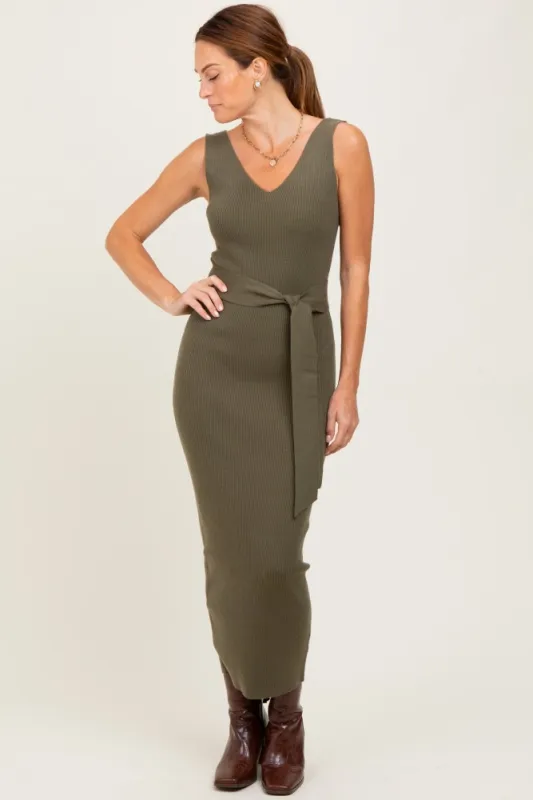 Olive Sleeveless Ribbed Belted Midi Maternity Dress sold by Pinkblush