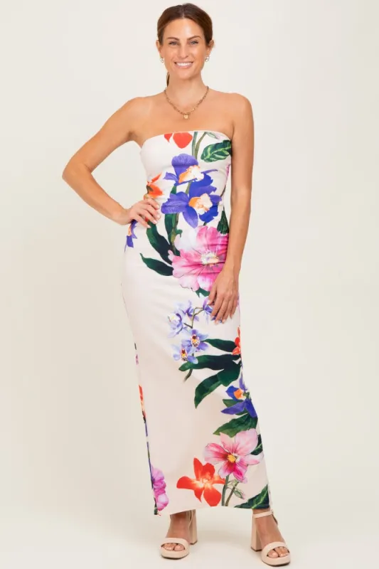 Peach Tropical Floral Strapless Maxi Dress sold by Pinkblush