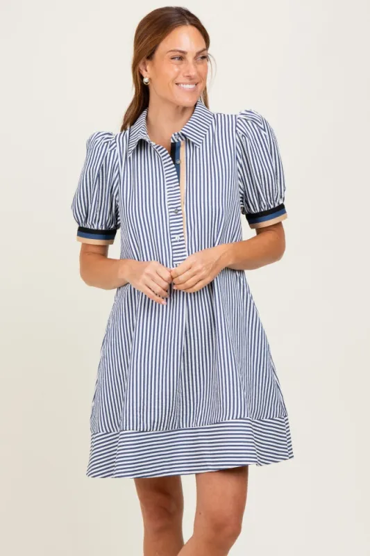 Navy Blue Striped Puff Sleeve Mini Shirt Dress sold by Pinkblush