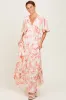 Pink Floral Satin Short Sleeve Deep V-Neck Tiered Maxi Dress sold by Pinkblush