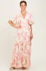 Pink Floral Satin Short Sleeve Deep V-Neck Tiered Maxi Dress sold by Pinkblush