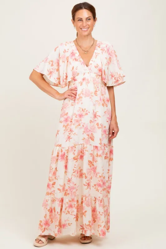 Pink Floral Satin Short Sleeve Deep V-Neck Tiered Maxi Dress sold by Pinkblush