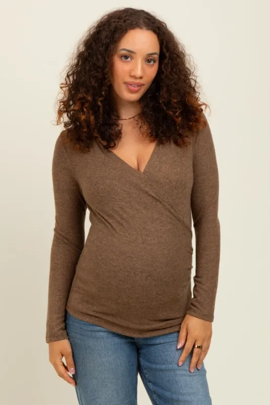 Camel Brushed Wrap Front Maternity Top sold by Pinkblush