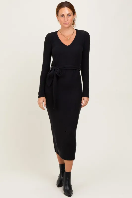 Black Solid Brushed Rib Long Sleeve V-Neck Fitted Midi Dress sold by Pinkblush