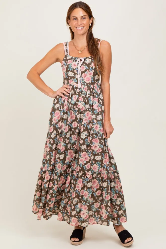 Mocha Floral Ruffle Detail Maxi Dress sold by Pinkblush