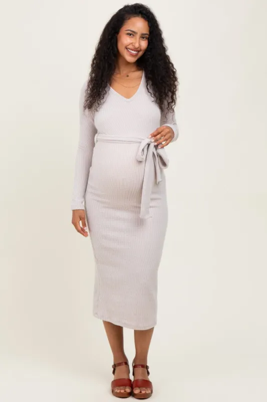 Beige Solid Brushed Rib Long Sleeve V-Neck Fitted Maternity Midi Dress sold by Pinkblush