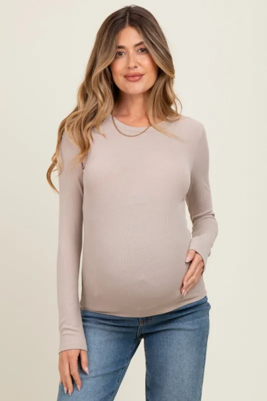 Beige Ribbed Maternity Long Sleeve Top sold by Pinkblush