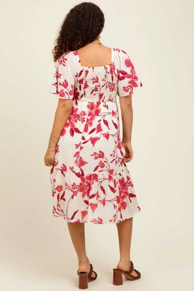 Fuchsia Floral Smocked Flutter Sleeve Maternity Midi Dress sold by Pinkblush product image thumbnail 3