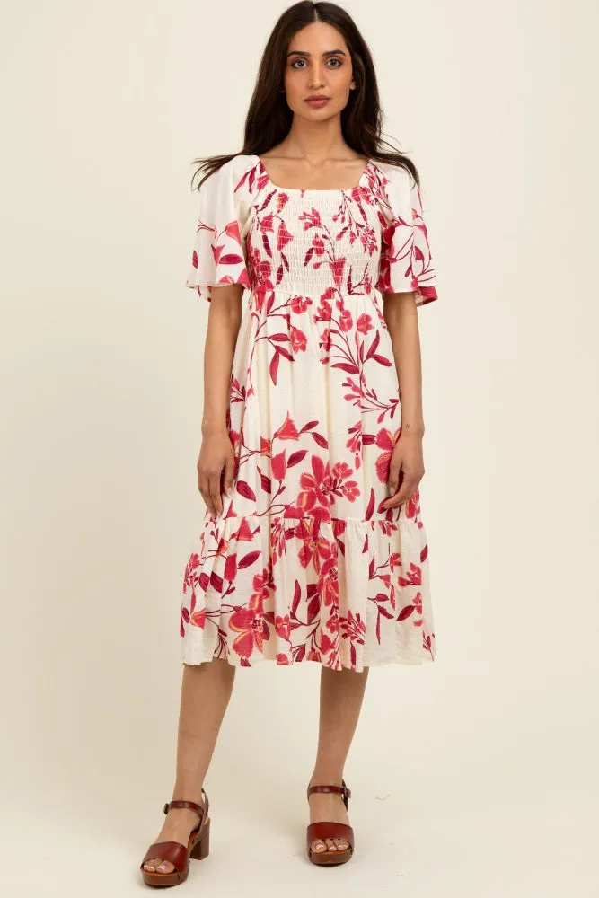 Fuchsia Floral Smocked Flutter Sleeve Maternity Midi Dress sold by Pinkblush product image thumbnail 4