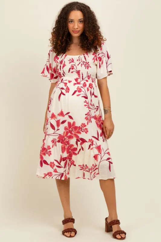 Fuchsia Floral Smocked Flutter Sleeve Maternity Midi Dress sold by Pinkblush