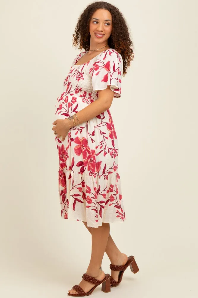 Fuchsia Floral Smocked Flutter Sleeve Maternity Midi Dress sold by Pinkblush product image thumbnail 2