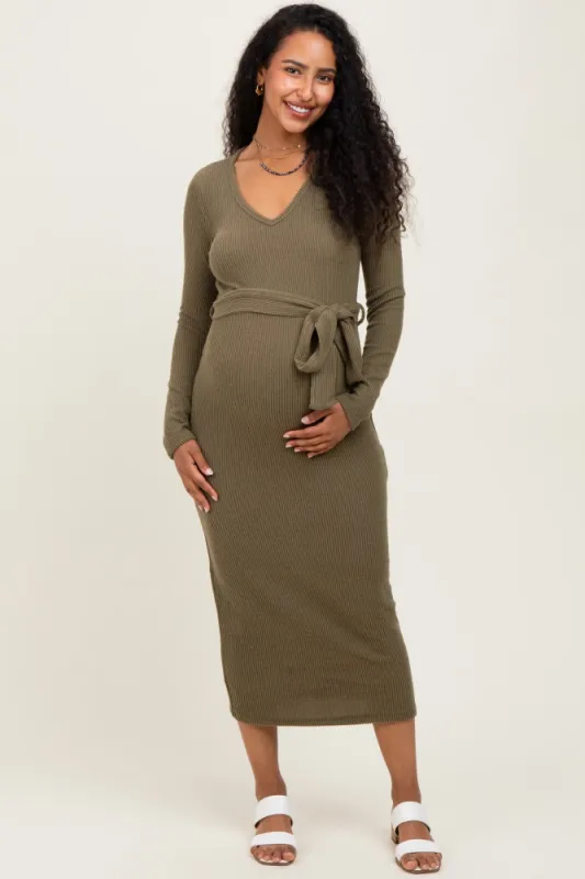 Light Olive Solid Brushed Rib Long Sleeve V-Neck Fitted Maternity Midi Dress sold by Pinkblush