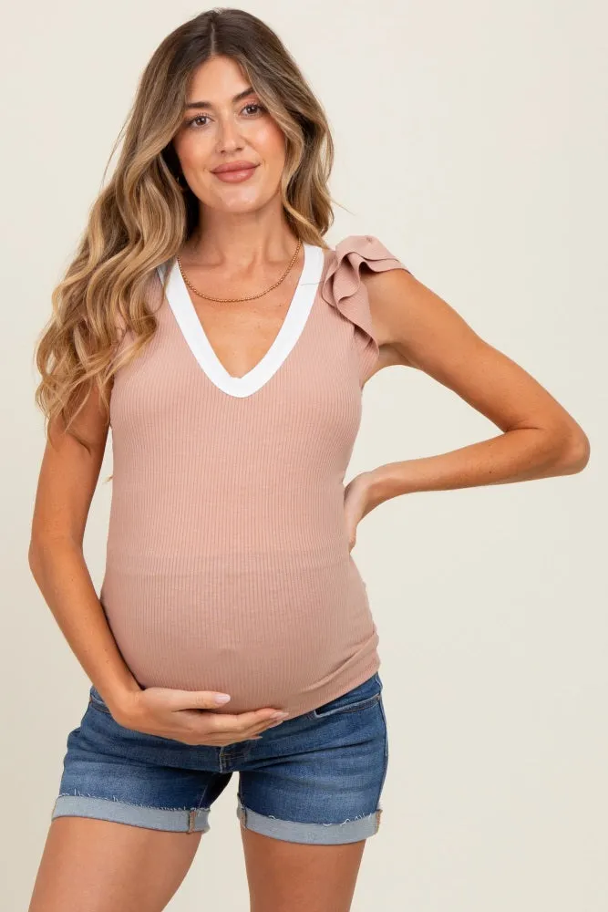 Beige/ Ivory Solid Ribbed Ruffle Sleeve Fitted Maternity Top sold by Pinkblush product image thumbnail 4