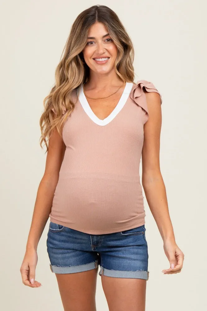 Beige/ Ivory Solid Ribbed Ruffle Sleeve Fitted Maternity Top sold by Pinkblush