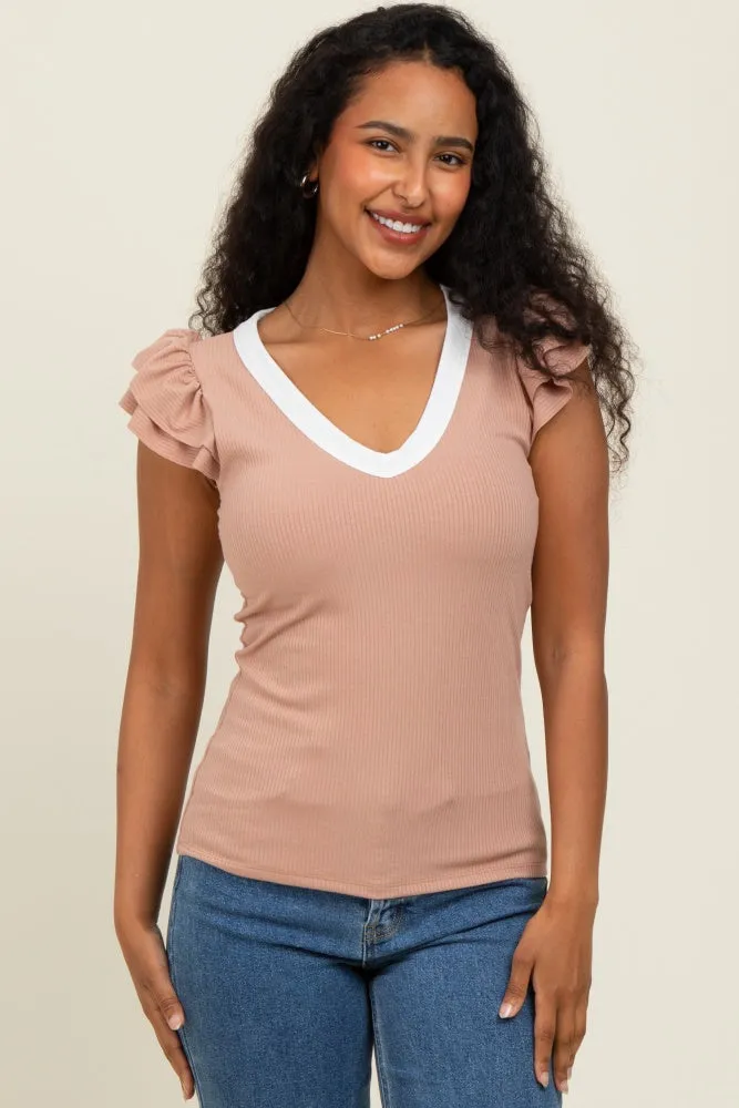 Beige/ Ivory Solid Ribbed Ruffle Sleeve Fitted Maternity Top sold by Pinkblush product image thumbnail 5