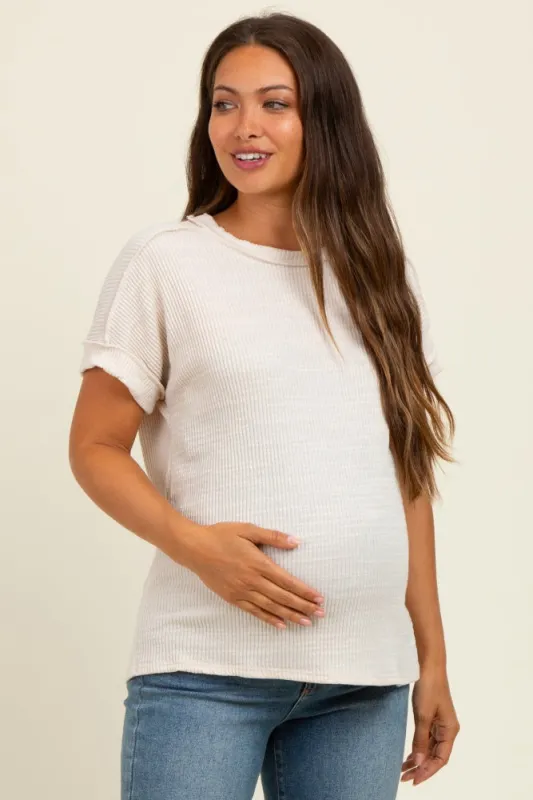 Ivory Ribbed Exposed Seam Short Sleeve Maternity Top sold by Pinkblush
