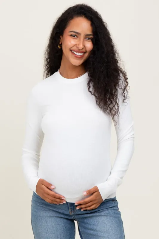 White Basic Ribbed Knit Long Sleeve Maternity Top sold by Pinkblush