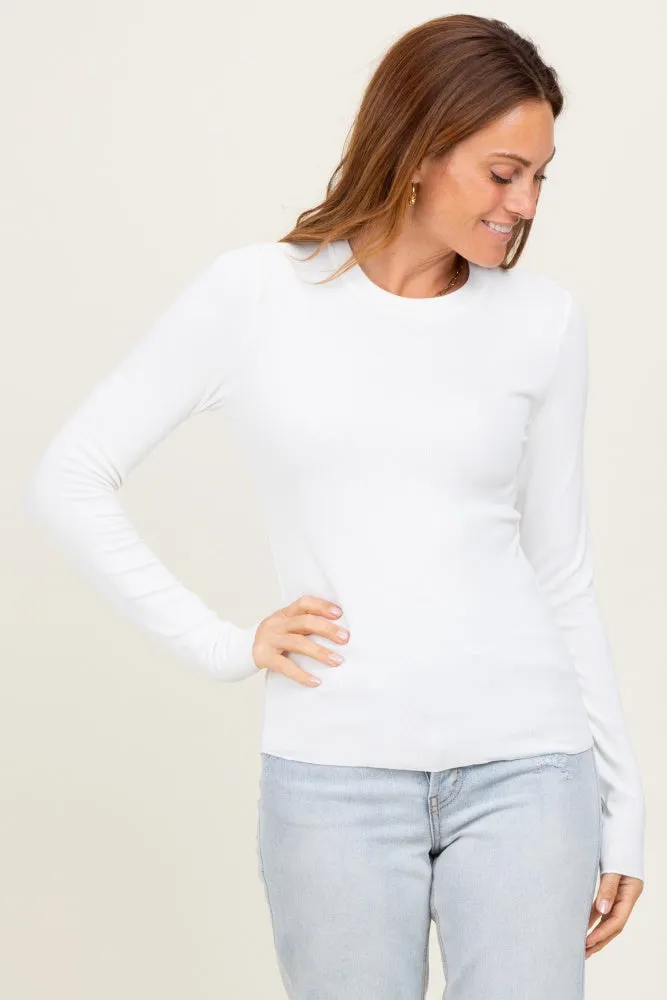 White Basic Ribbed Knit Long Sleeve Top sold by Pinkblush