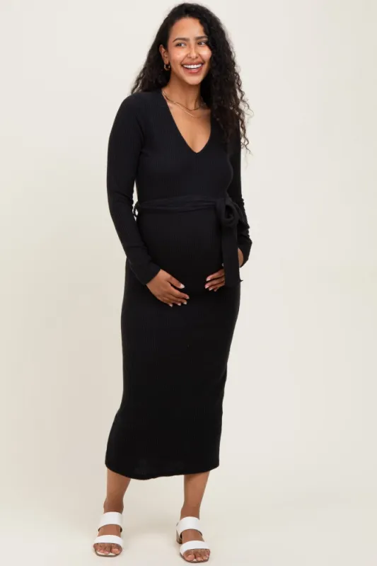 Black Solid Brushed Rib Long Sleeve V-Neck Fitted Maternity Midi Dress sold by Pinkblush
