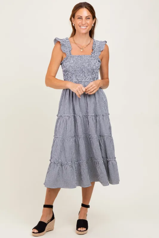 Black Gingham Ruffle Tiered Midi Dress sold by Pinkblush