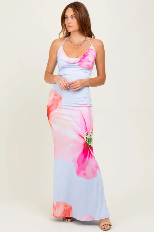 Light Blue Floral Draped Halter Maxi Dress sold by Pinkblush