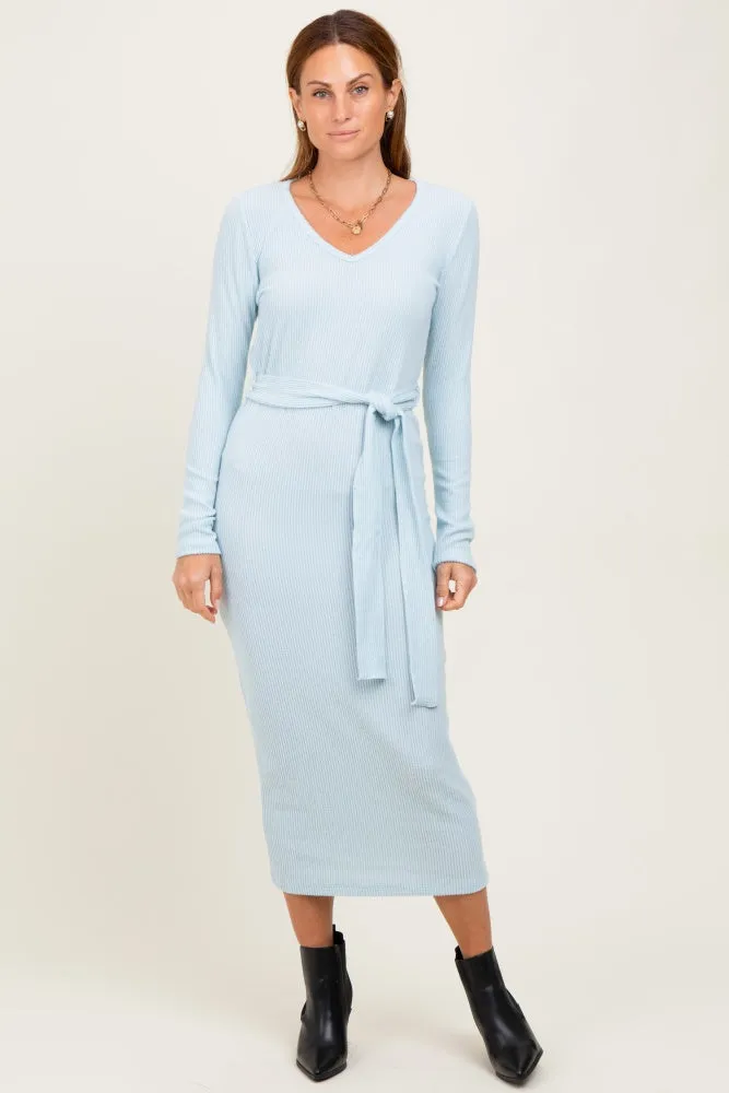 Light Blue Solid Brushed Rib Long Sleeve V-Neck Fitted Maternity Midi Dress sold by Pinkblush product image thumbnail 5