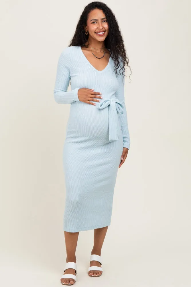 Light Blue Solid Brushed Rib Long Sleeve V-Neck Fitted Maternity Midi Dress sold by Pinkblush product image thumbnail 2