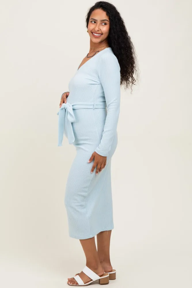 Light Blue Solid Brushed Rib Long Sleeve V-Neck Fitted Maternity Midi Dress sold by Pinkblush product image thumbnail 3
