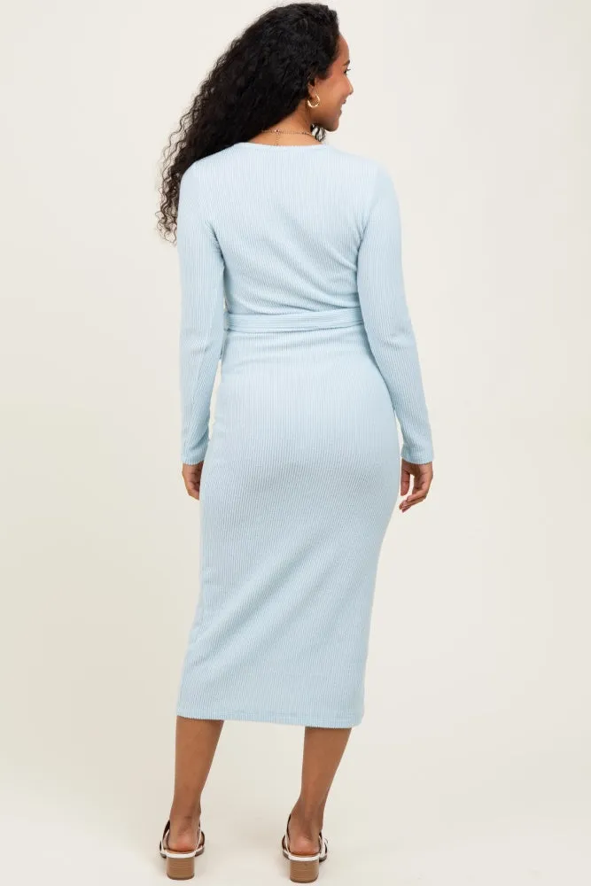 Light Blue Solid Brushed Rib Long Sleeve V-Neck Fitted Maternity Midi Dress sold by Pinkblush product image thumbnail 4