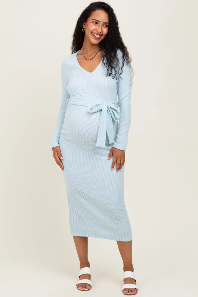 Light Blue Solid Brushed Rib Long Sleeve V-Neck Fitted Maternity Midi Dress sold by Pinkblush