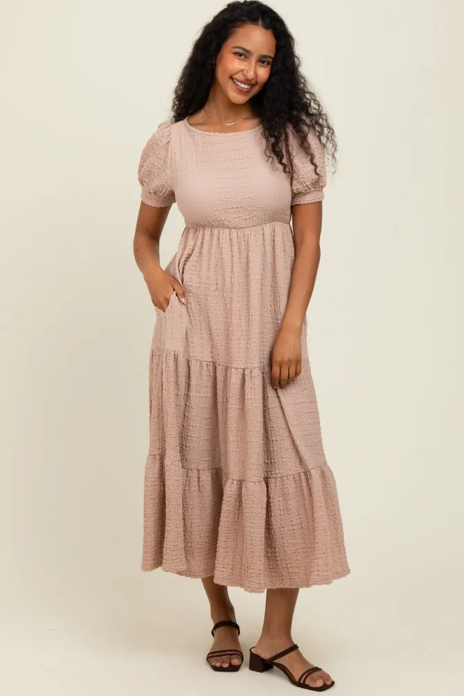 Mocha Solid Textured Tiered Shirt Sleeve Maternity Maxi Dress sold by Pinkblush product image thumbnail 4