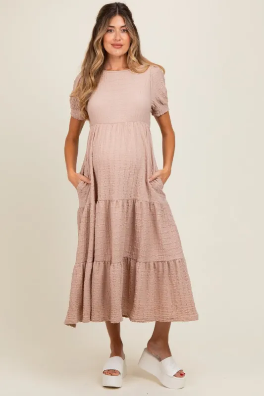 Mocha Solid Textured Tiered Shirt Sleeve Maternity Maxi Dress sold by Pinkblush